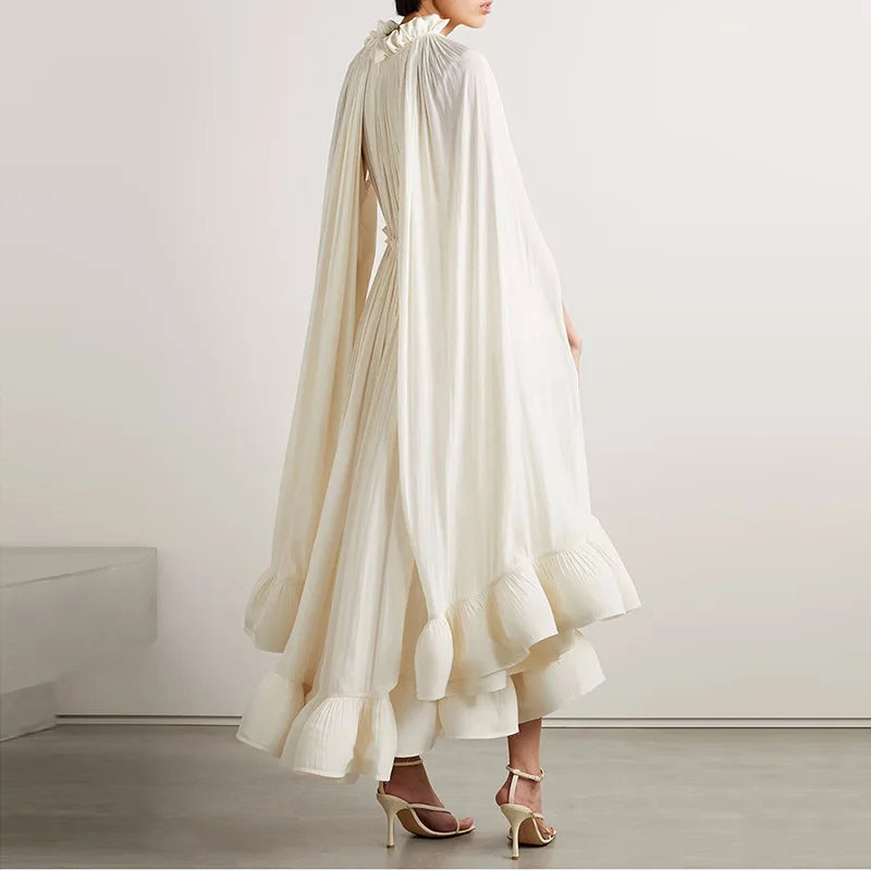 V-Neck Cape Maxi Dress with Ruffled Edges and Defined Waist