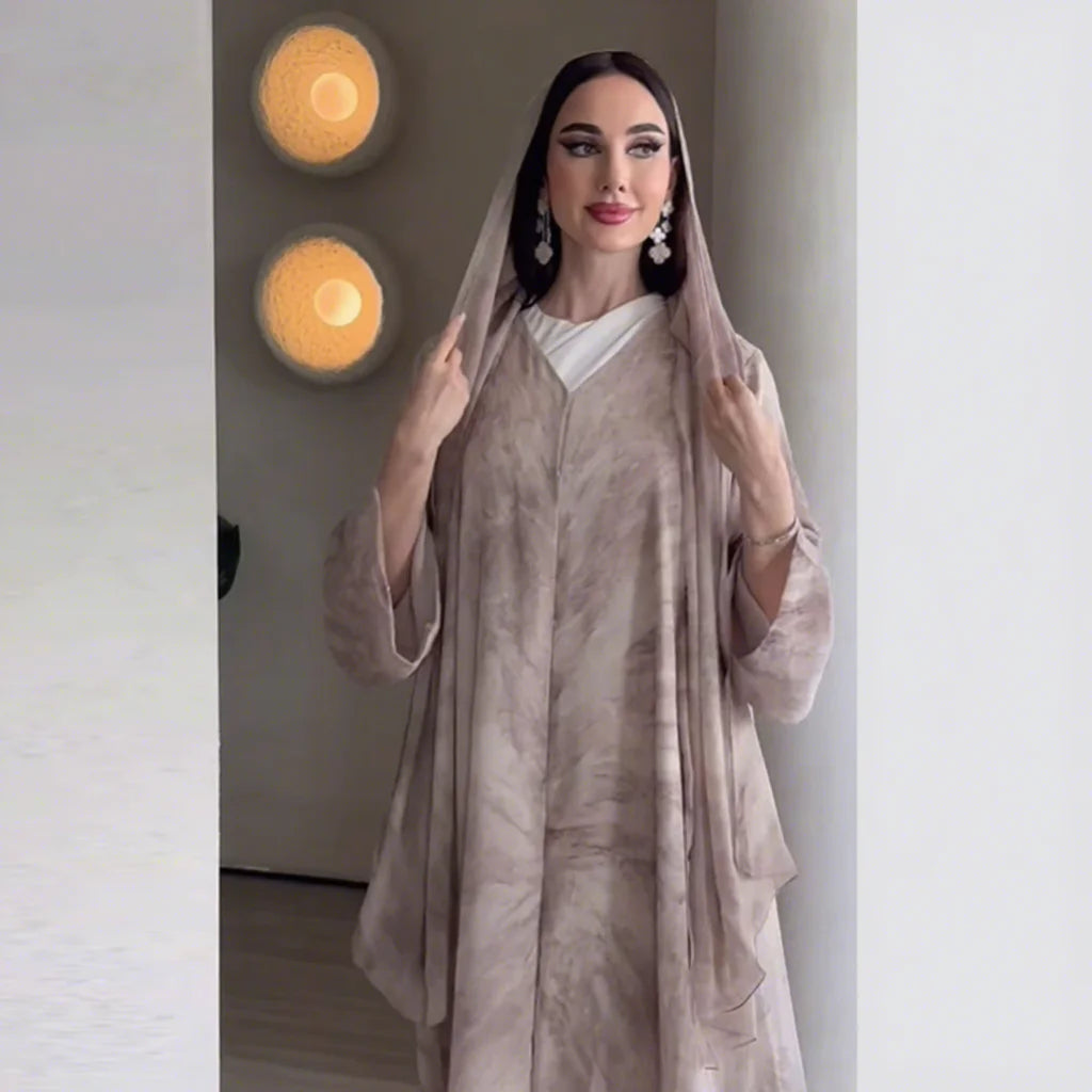 Floral Chiffon Abaya Cardigan Set with Matching Headscarf