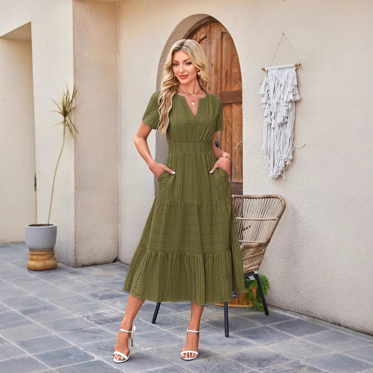 Cotton Square Neck Tiered Midi Dress with Pockets