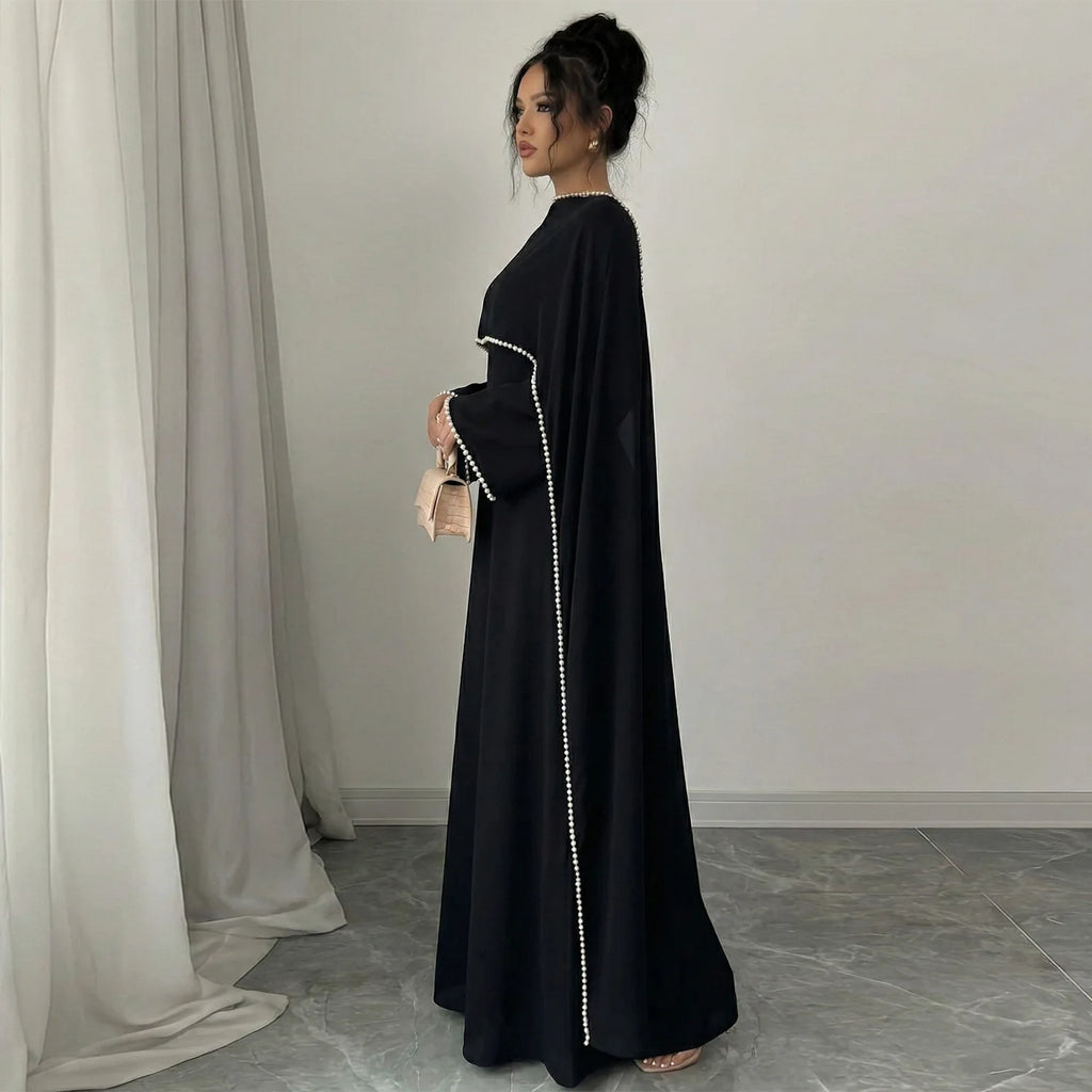Pearl-Embellished Cape Sleeve Evening Abaya Dress