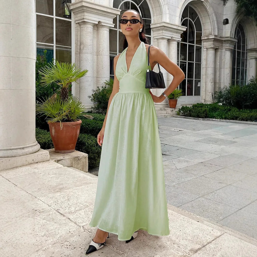 Breathable Cotton V-Neck Backless Maxi Dress