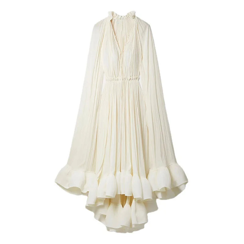 V-Neck Cape Maxi Dress with Ruffled Edges and Defined Waist