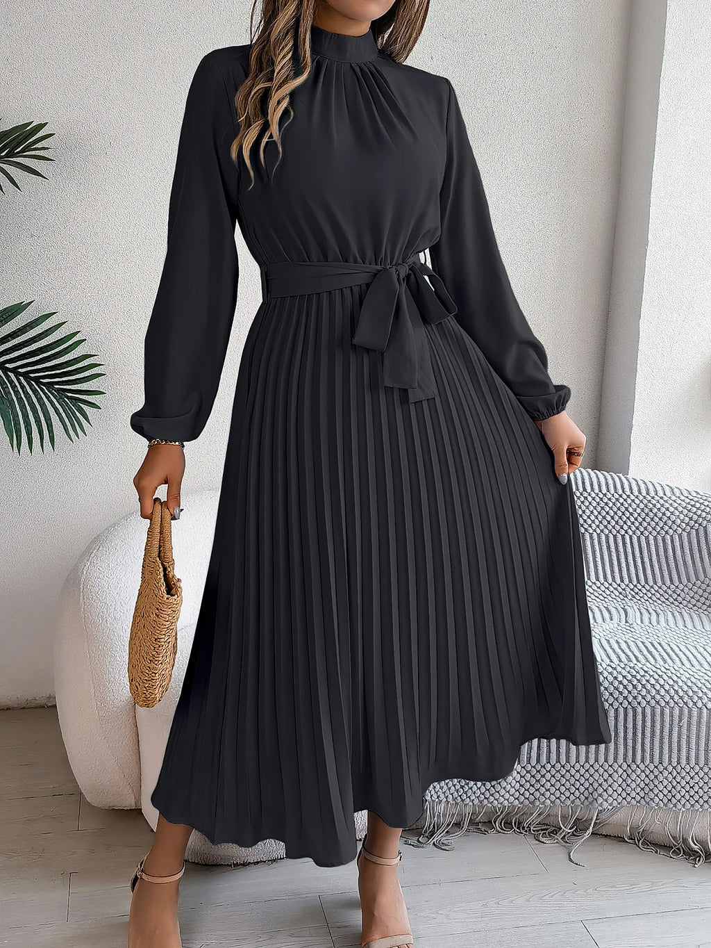 Vintage Stand Collar Long Sleeve Fit-and-Flare Midi Dress