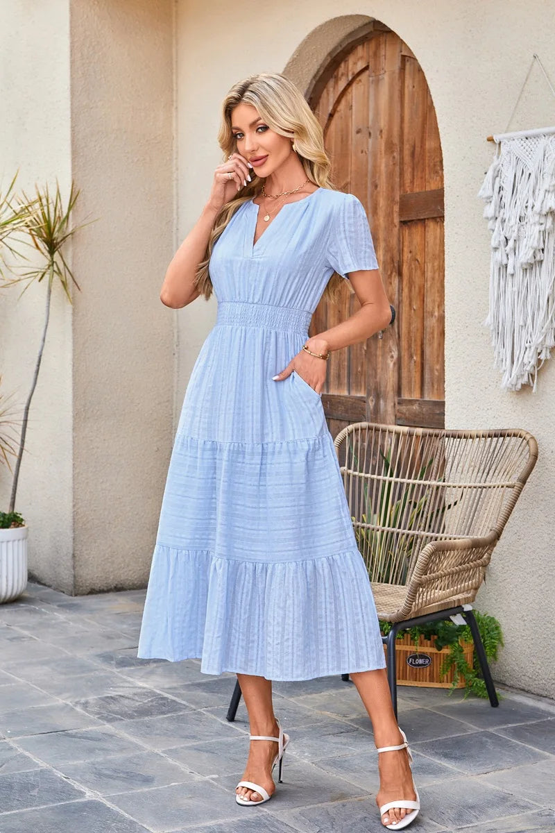 Cotton Square Neck Tiered Midi Dress with Pockets
