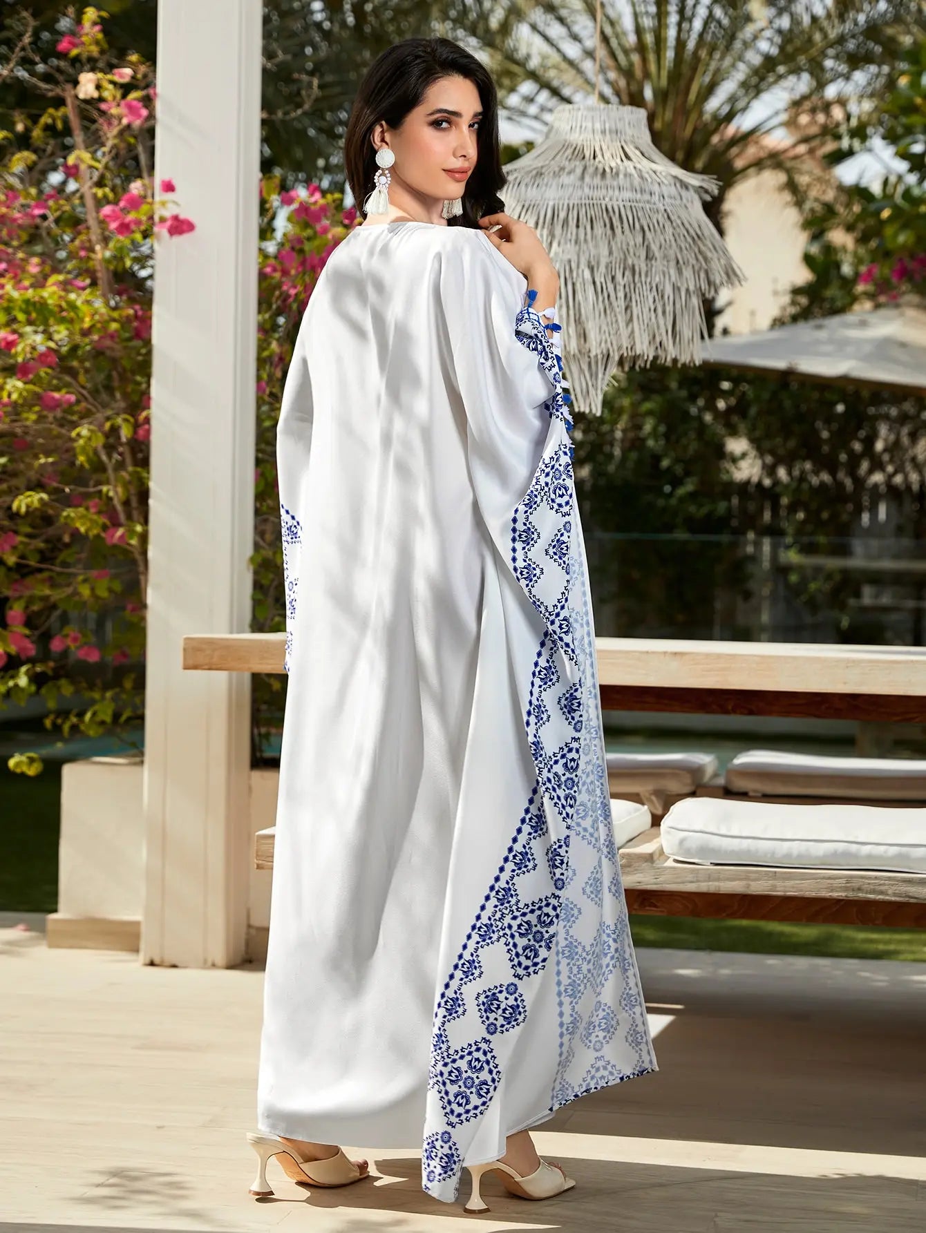 White and Blue Front-Open Chiffon Abaya Dress