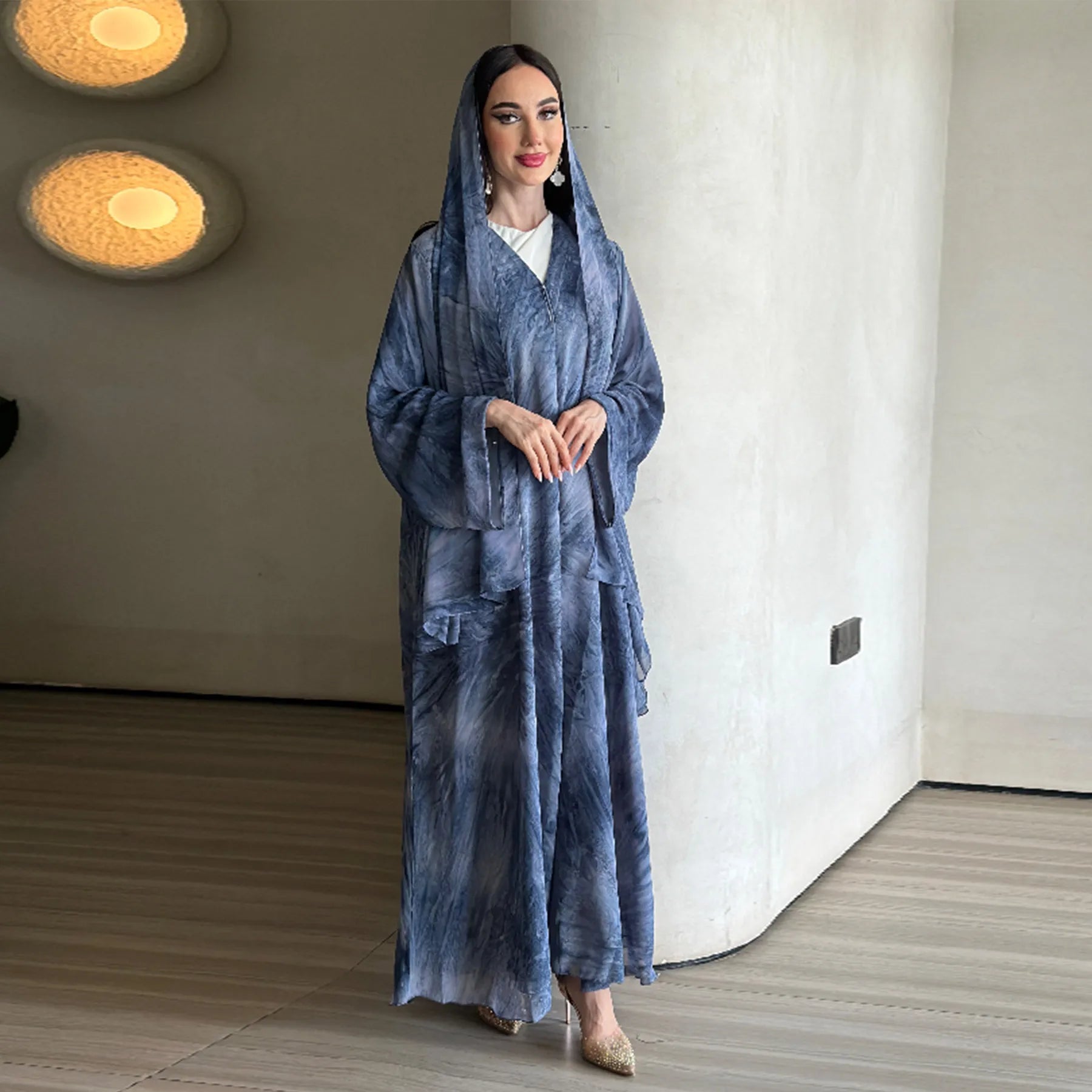 Floral Chiffon Abaya Cardigan Set with Matching Headscarf