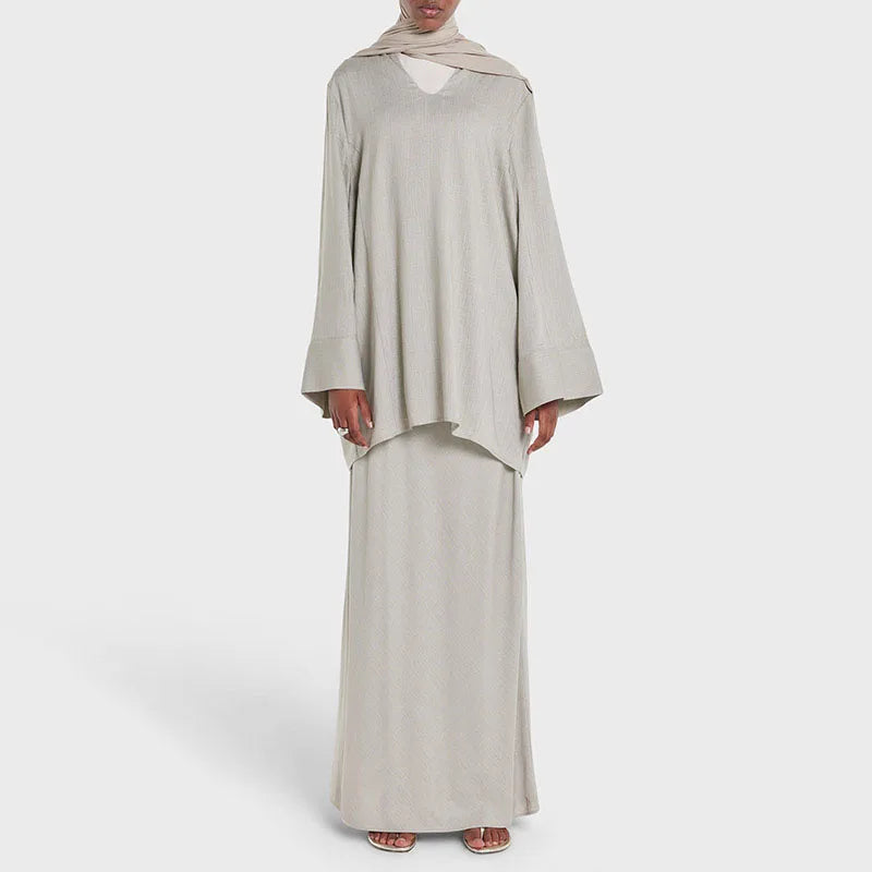 Light Grey Linen Modest Co-ord Set – V-Neck Tunic and Flowy Maxi Skirt