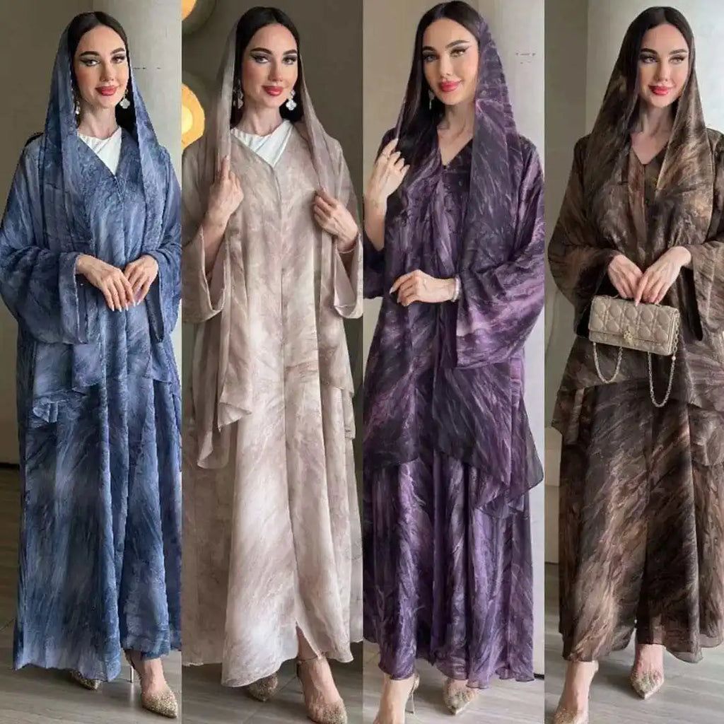 Floral Chiffon Abaya Cardigan Set with Matching Headscarf