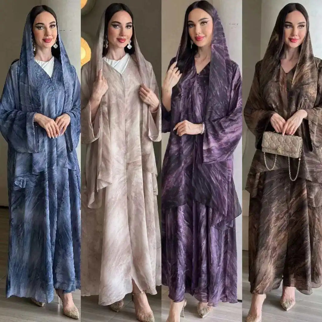 Floral Chiffon Abaya Cardigan Set with Matching Headscarf