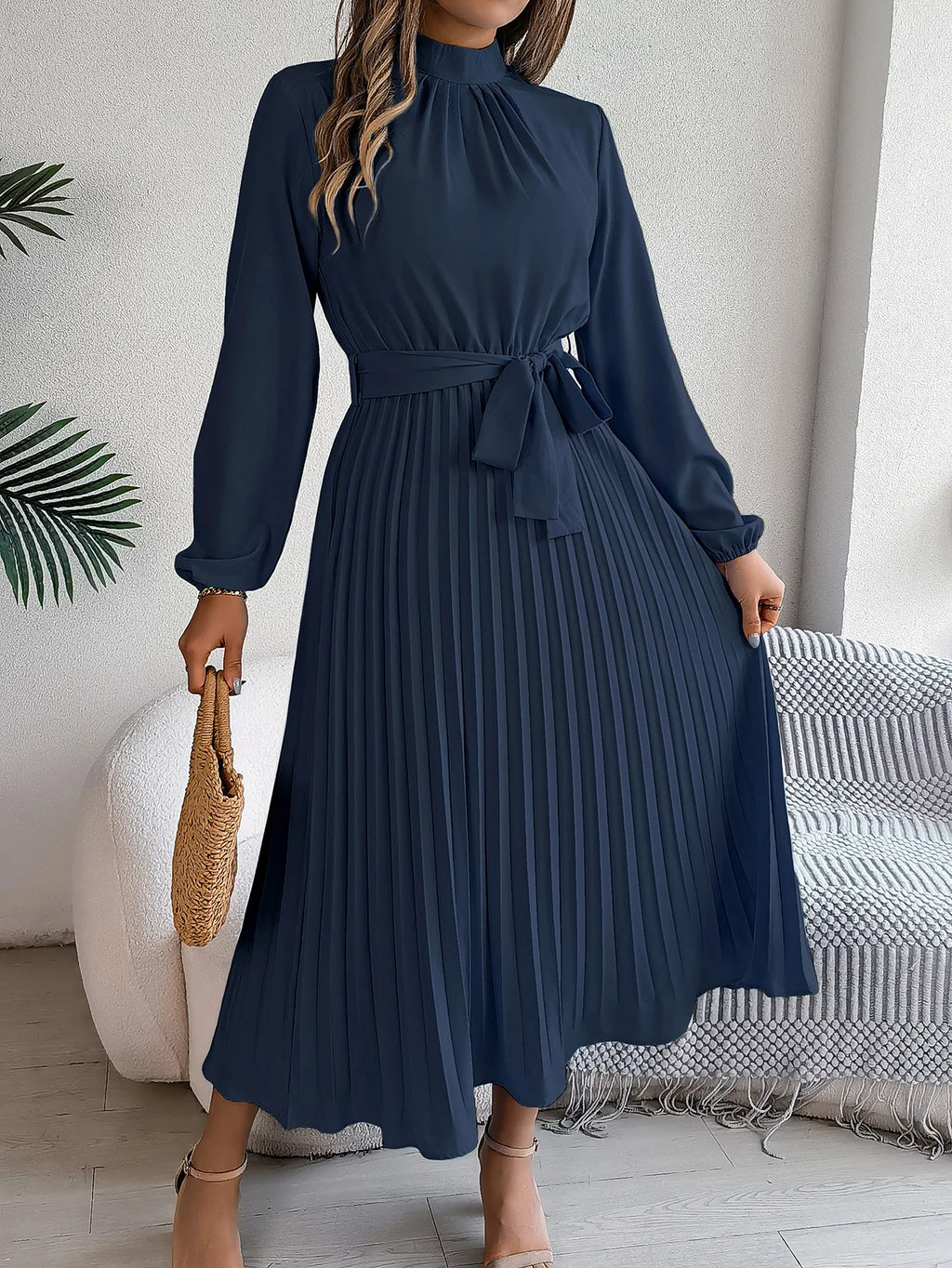 Vintage Stand Collar Long Sleeve Fit-and-Flare Midi Dress