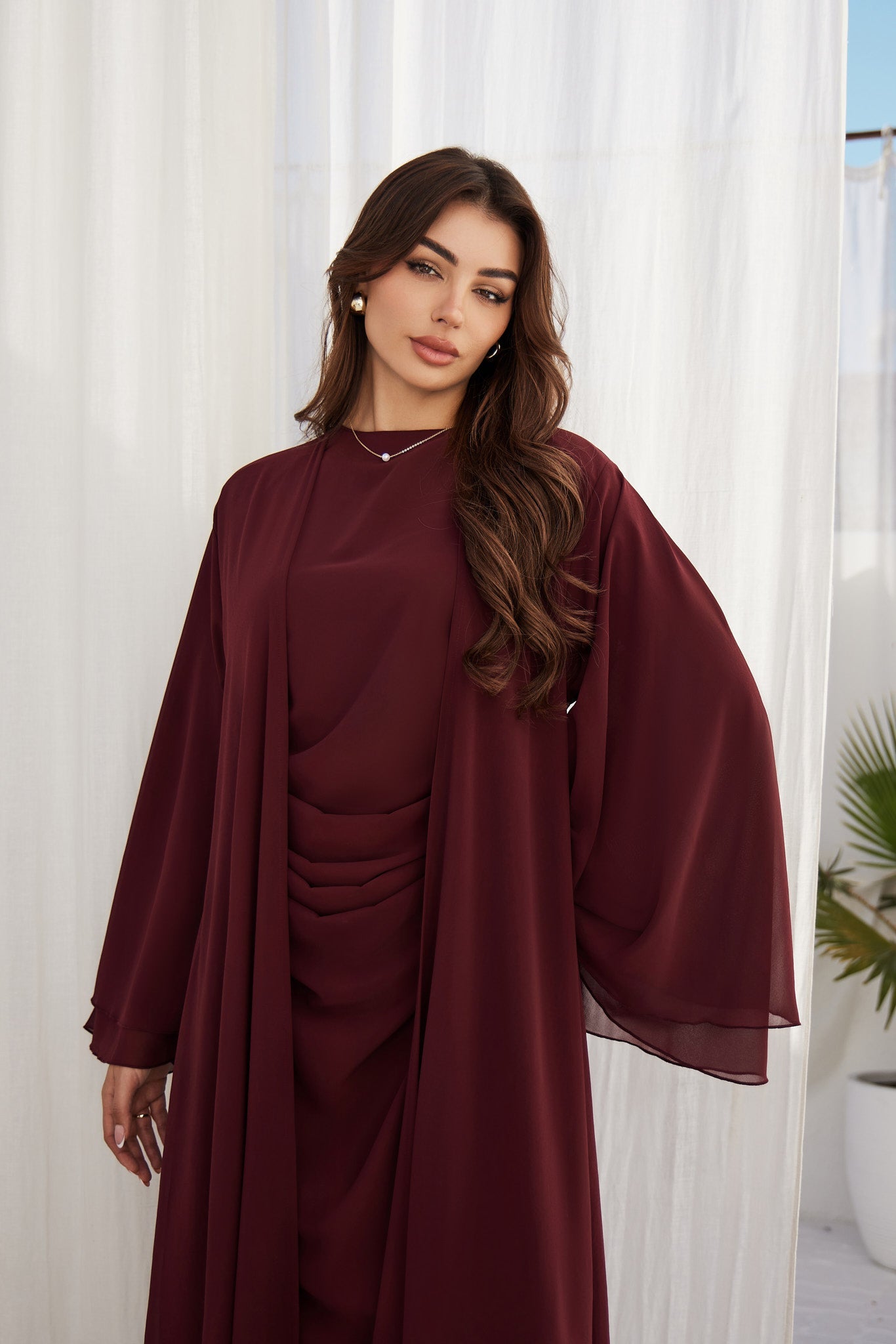 Maroon Chiffon Abaya with Pleated Inner Slip