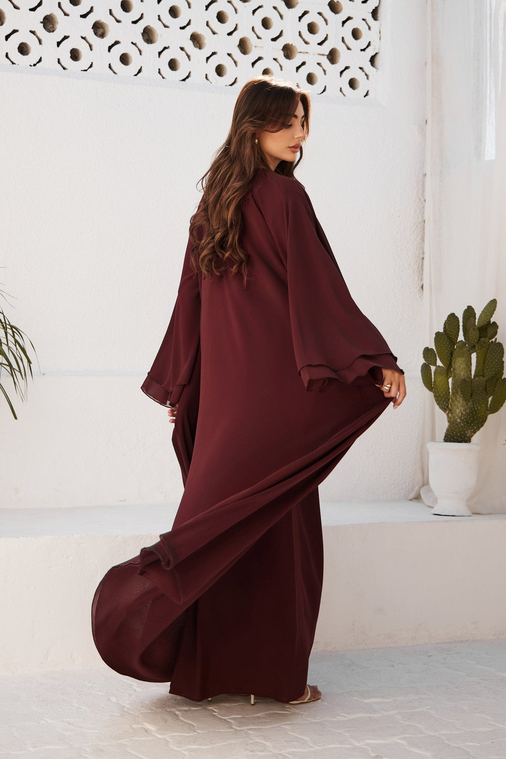 Maroon Chiffon Abaya with Pleated Inner Slip