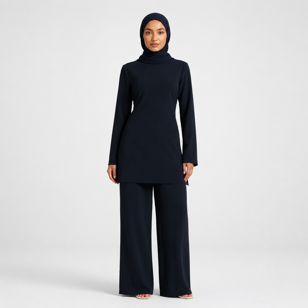 Woman wearing a black outfit with a hijab on a white background