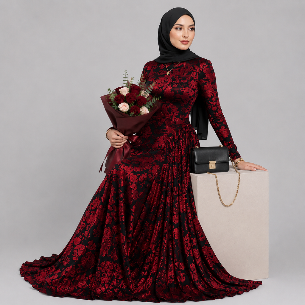 Woman in a red and black floral dress holding a bouquet of flowers against a gray background