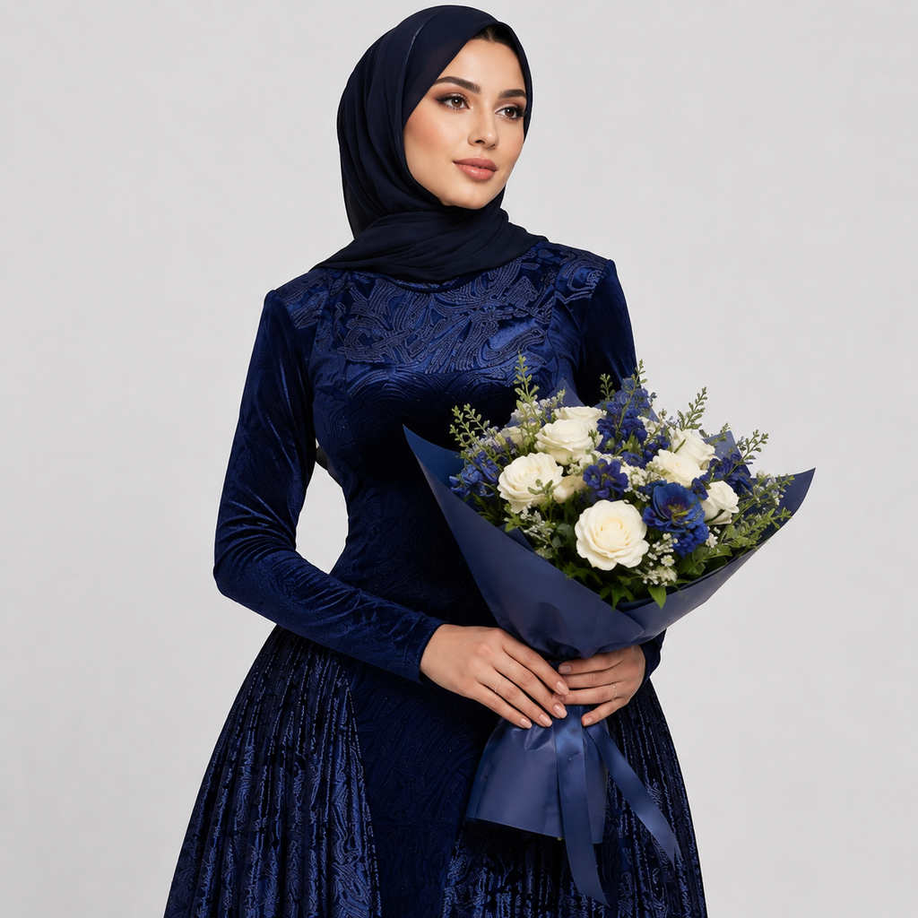 Woman in a blue dress holding a bouquet of flowers against a gray background