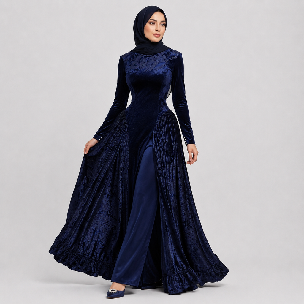 Woman wearing a long navy blue dress with a matching hijab on a gray background