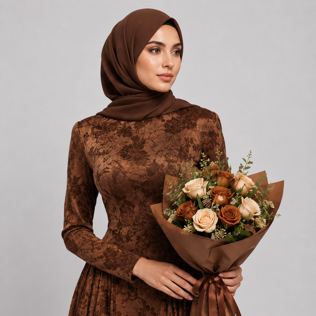 Woman wearing a brown lace dress and hijab holding a bouquet of flowers against a gray background
