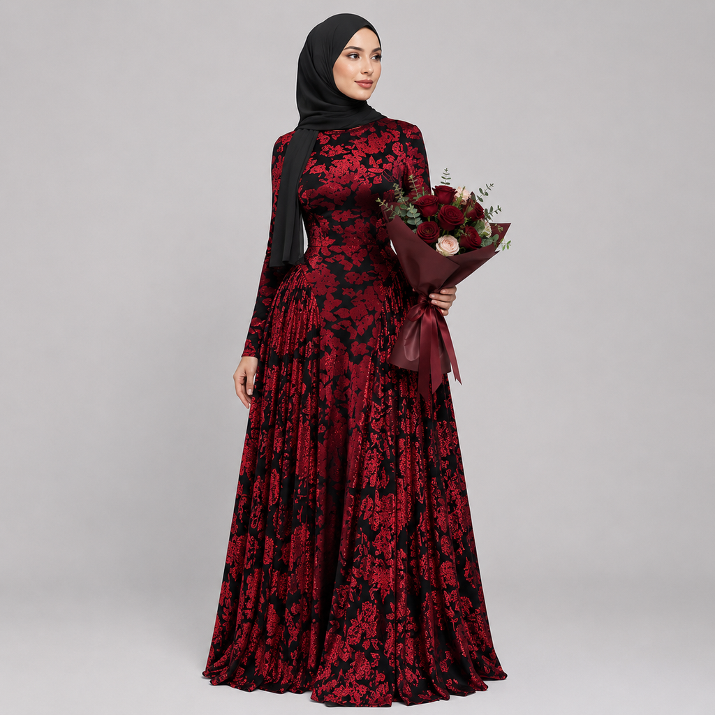 Woman in a red and black floral dress holding a bouquet of flowers against a gray background