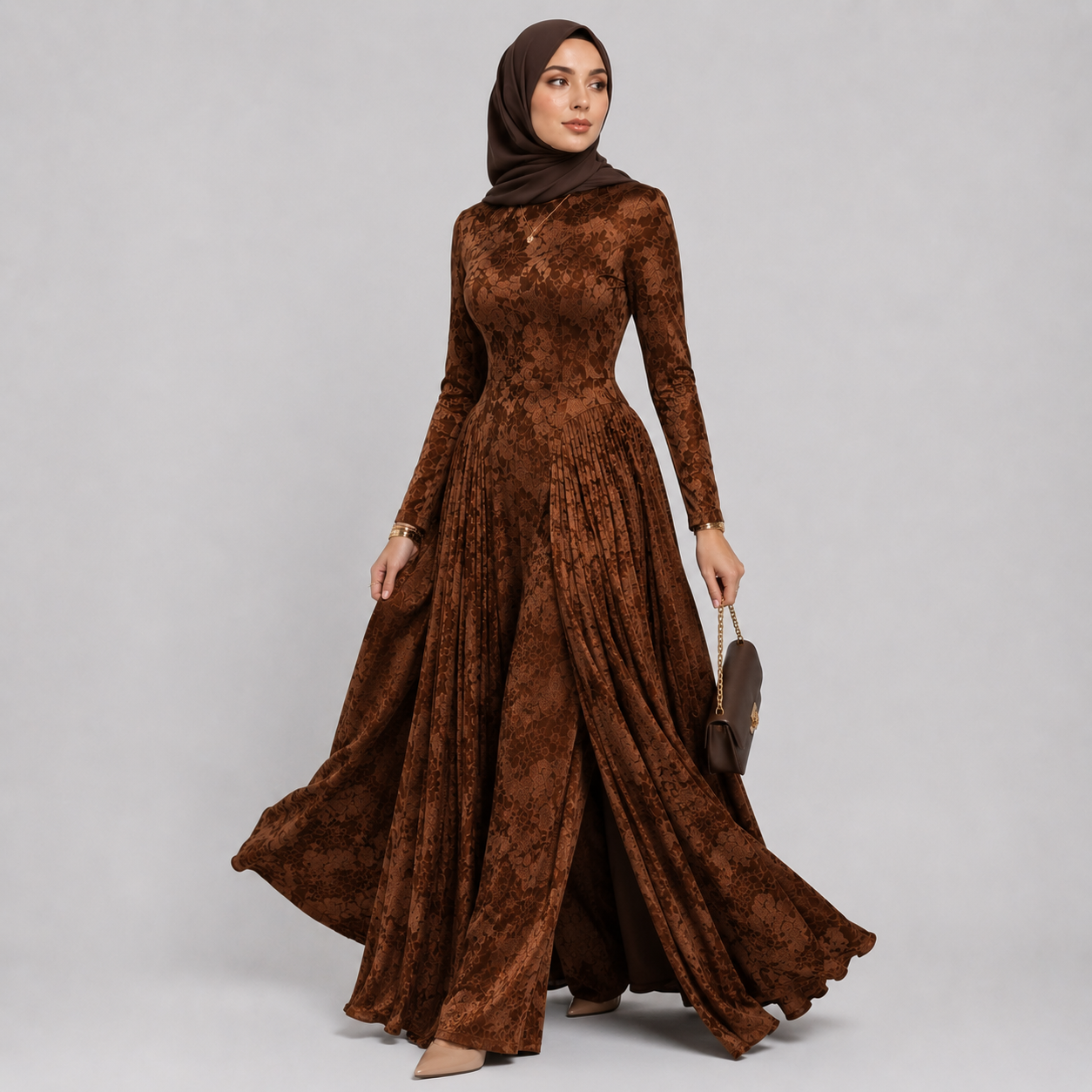 Woman wearing a brown long-sleeve dress with a matching hijab on a gray background