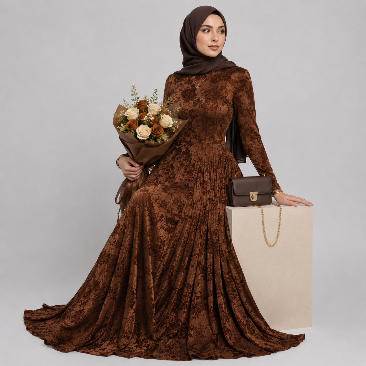 Woman in a brown dress holding flowers and a handbag on a gray background