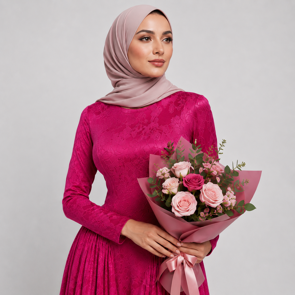 Woman in a pink dress and hijab holding a bouquet of flowers against a light gray background