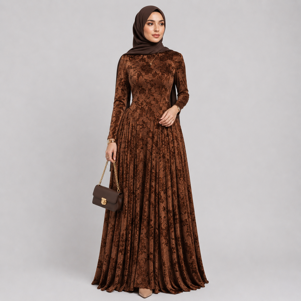 Woman wearing a brown patterned dress and hijab holding a matching handbag on a gray background