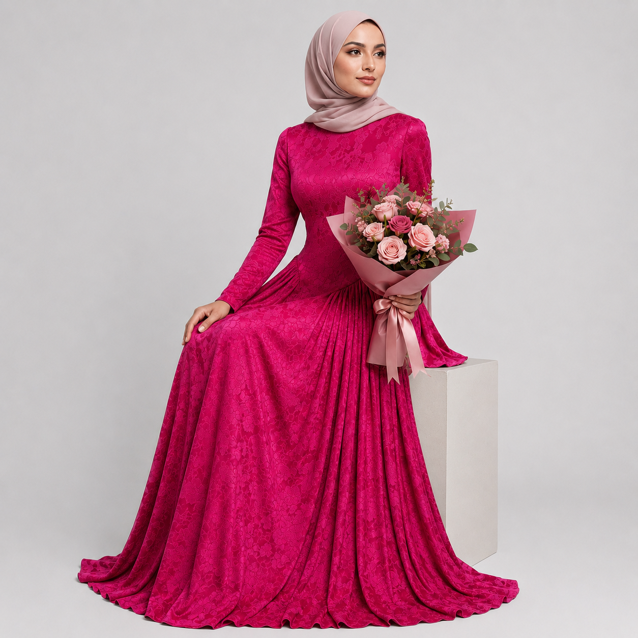 Woman in a pink dress holding a bouquet of flowers on a gray background