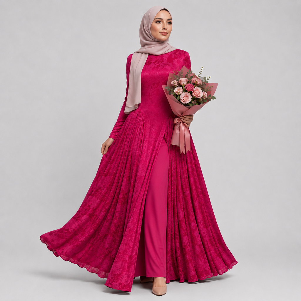 Woman in a pink dress holding a bouquet of flowers on a gray background