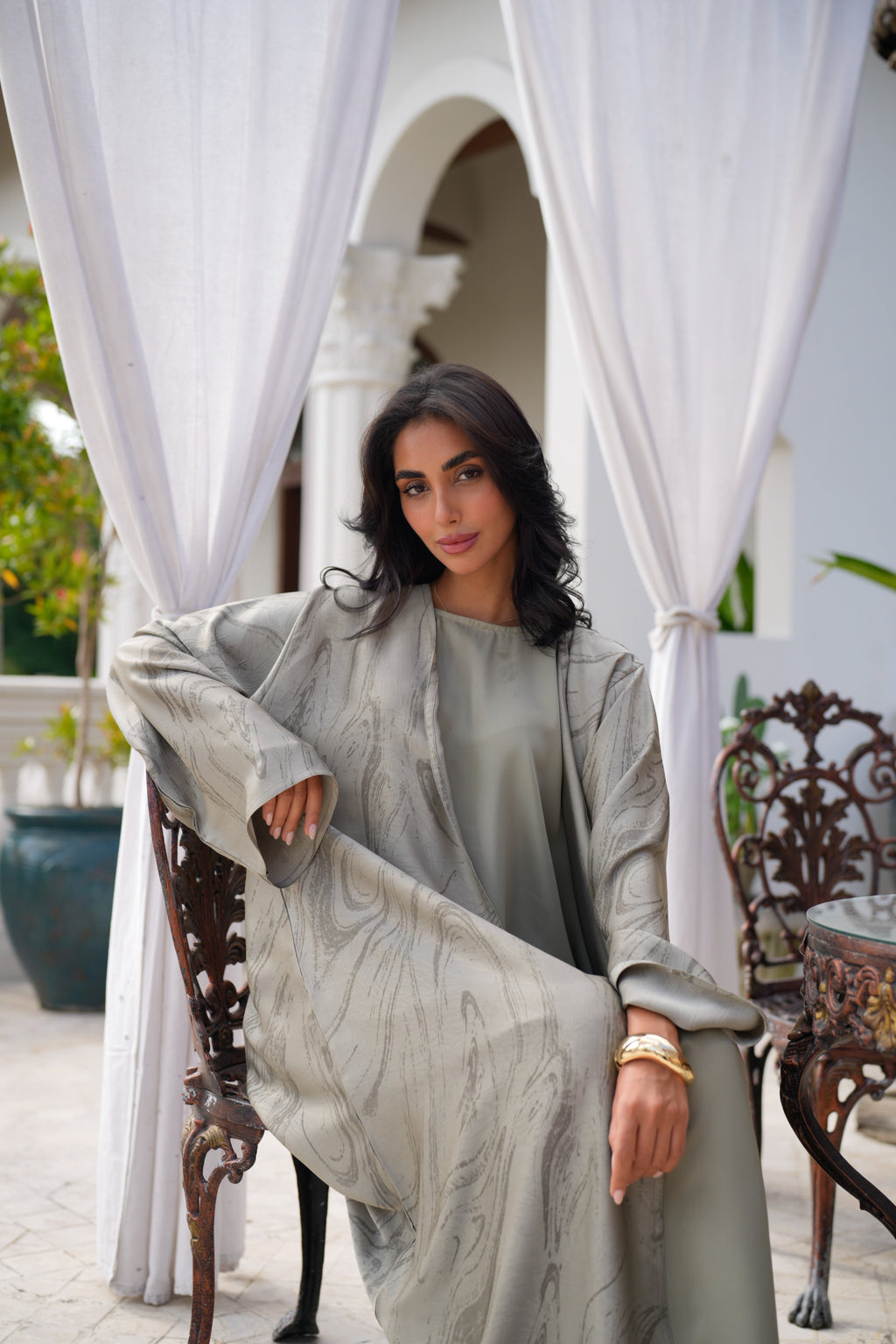 Sage Green Marble Open Abaya Set