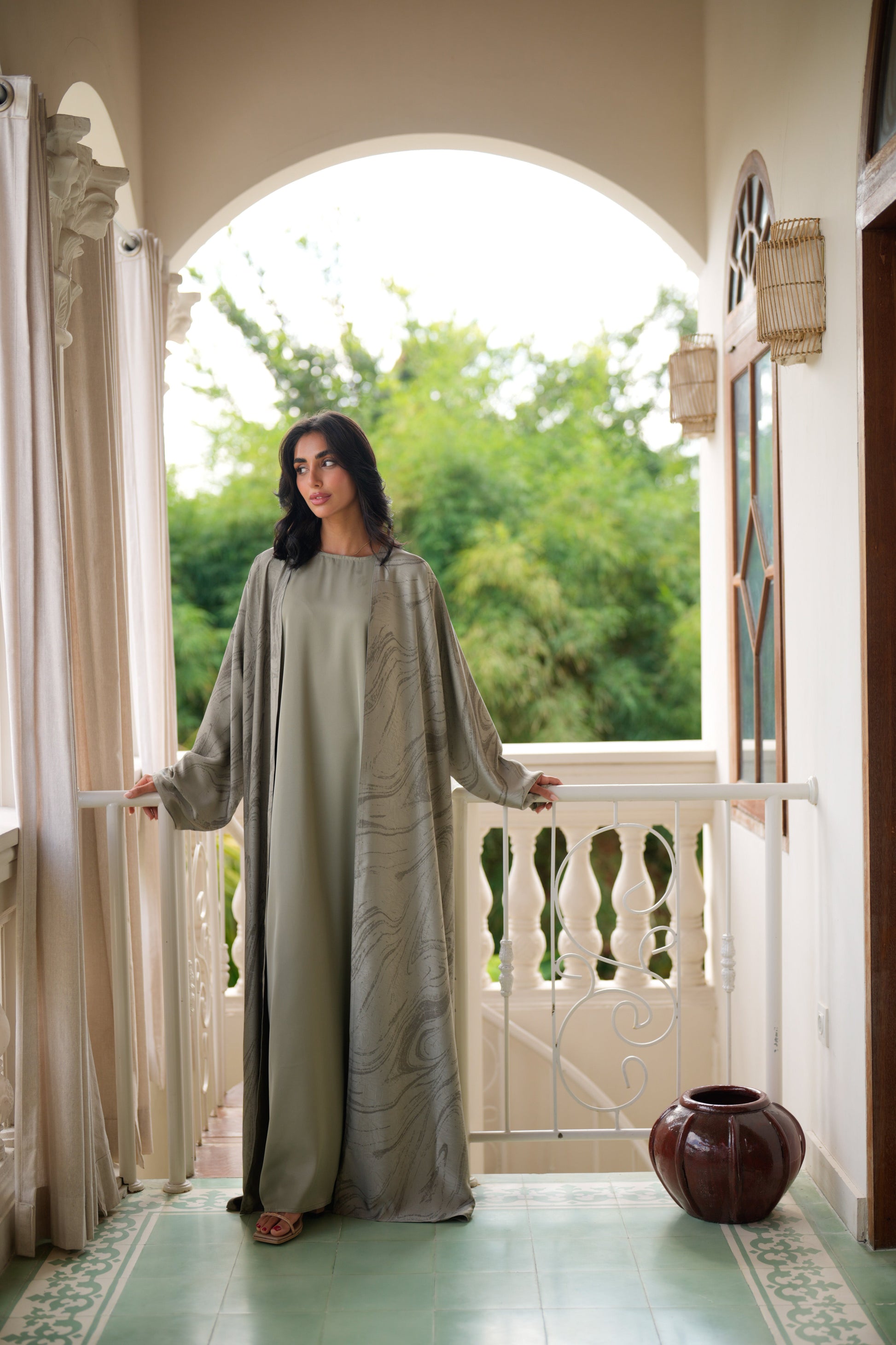 Sage Green Marble Open Abaya Set