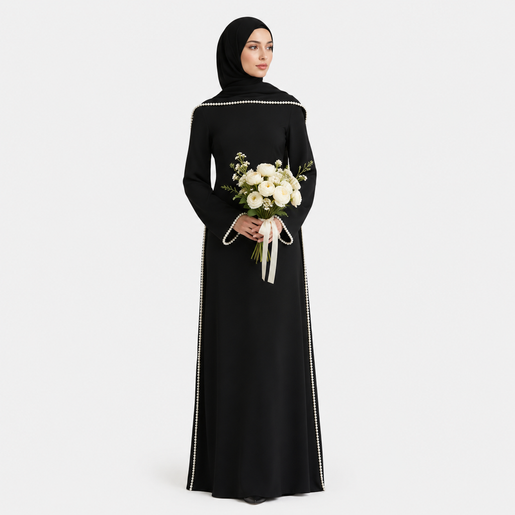Woman in a black abaya holding a bouquet of flowers on a white background
