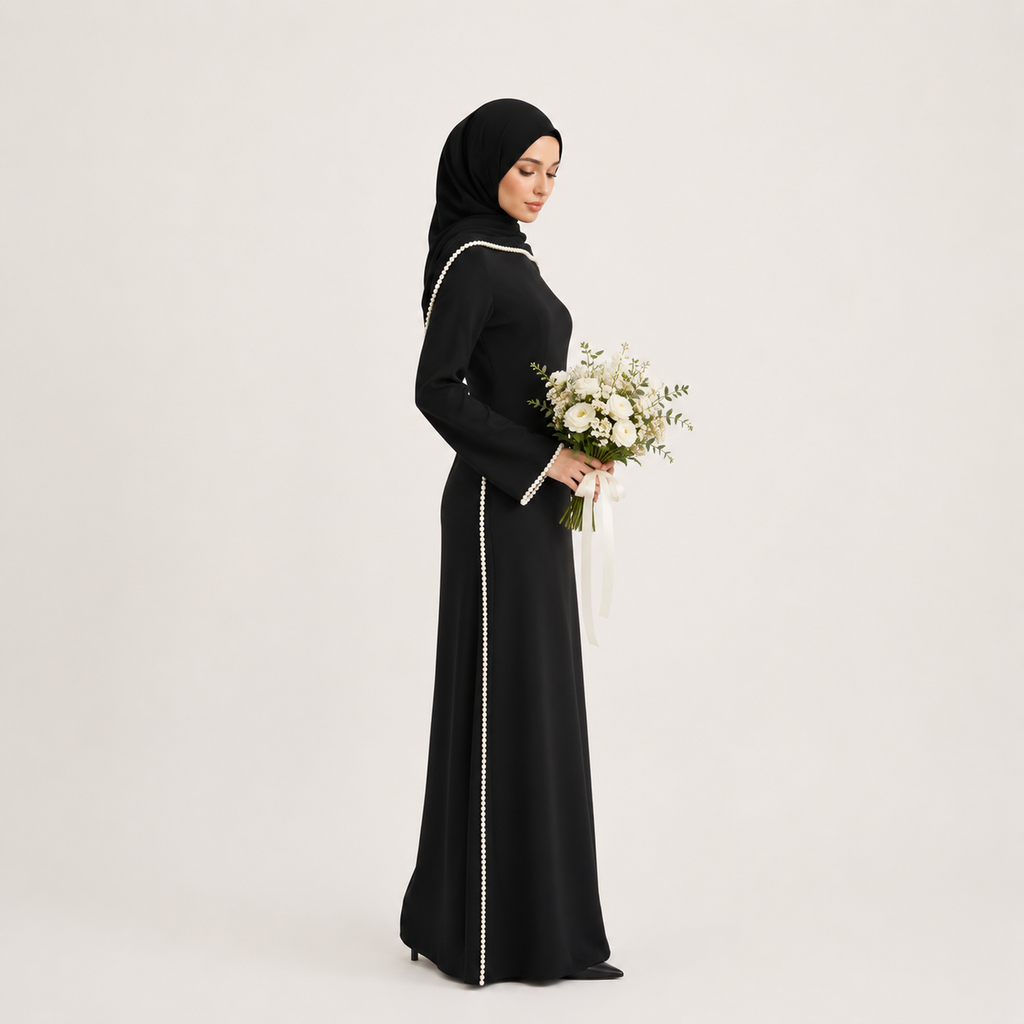 Woman in a black abaya holding flowers on a white background