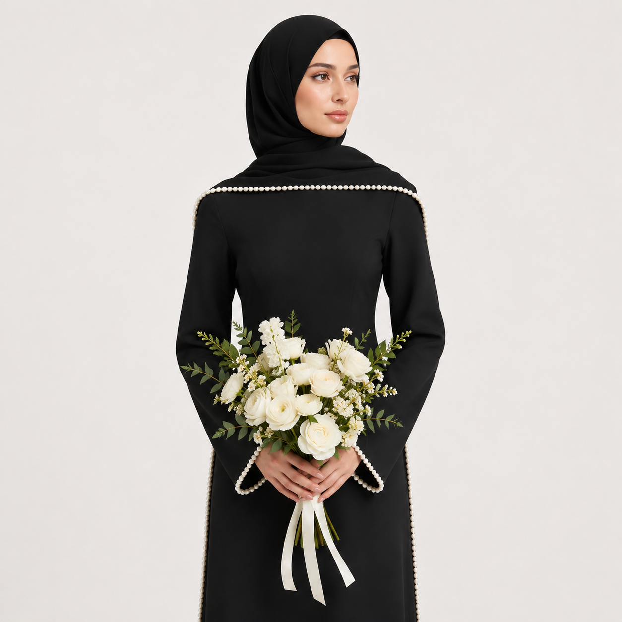 Woman in a black dress with pearl details holding a bouquet of white flowers on a light gray background