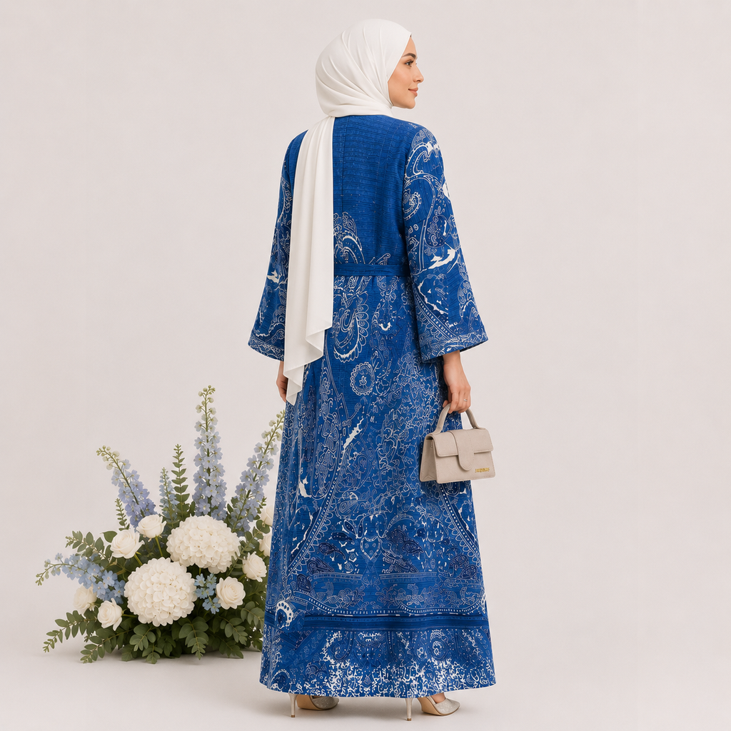 Woman in a blue patterned dress with a white hijab, standing next to a floral arrangement on a light gray background.
