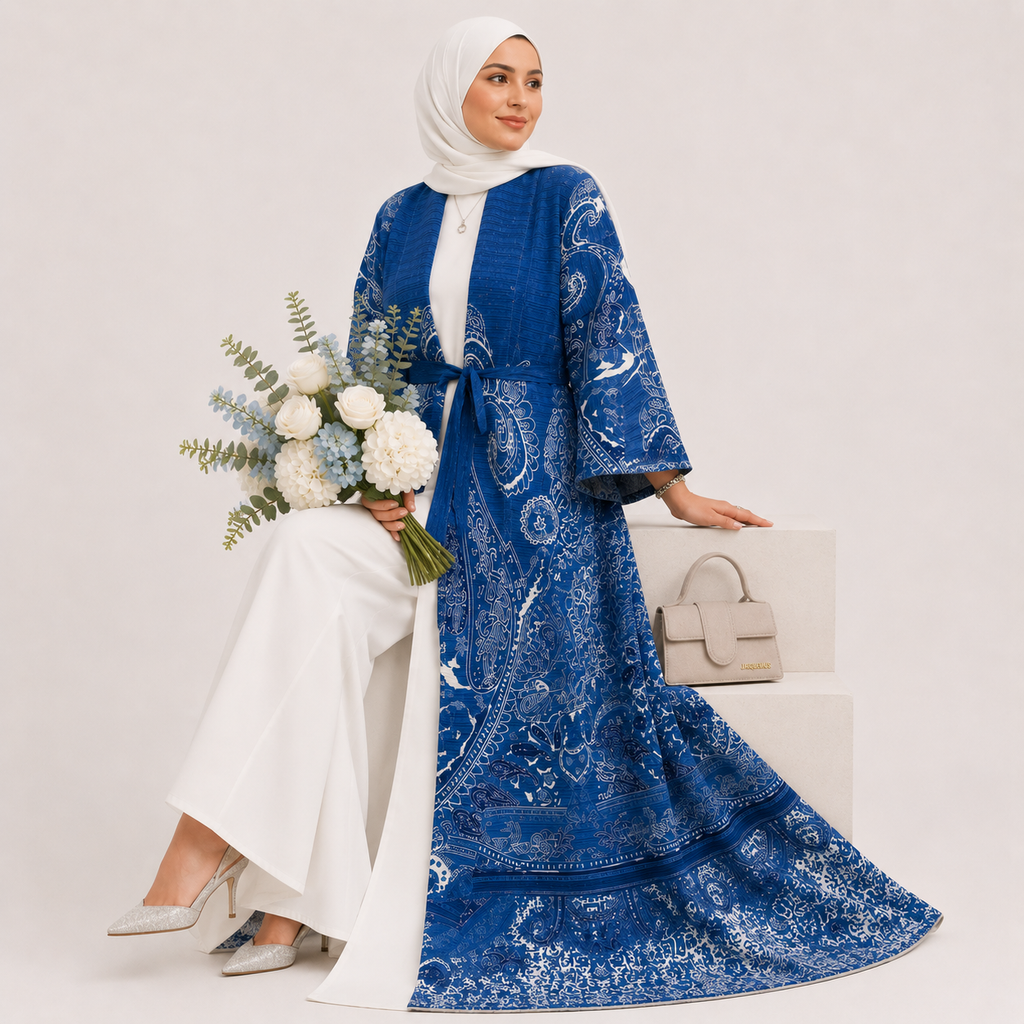 Woman in a blue patterned dress holding flowers and a handbag on a white background