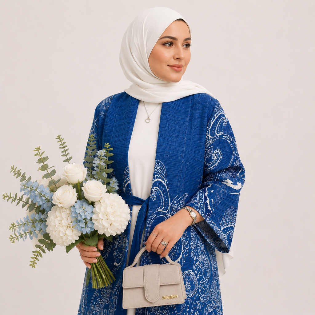 Woman in a blue patterned outfit holding flowers and a handbag against a plain background