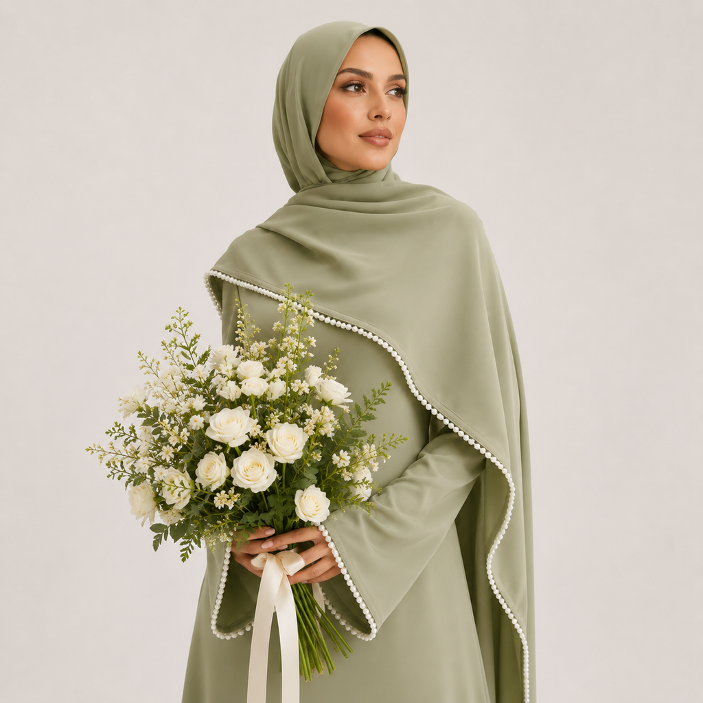 Woman in a green hijab holding a bouquet of flowers against a plain background