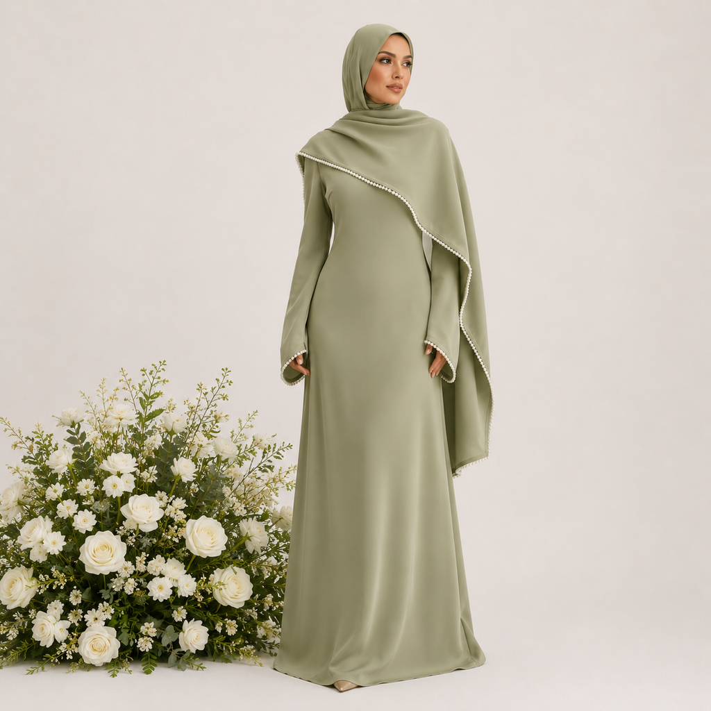 Woman in a green abaya standing next to a floral arrangement on a white background