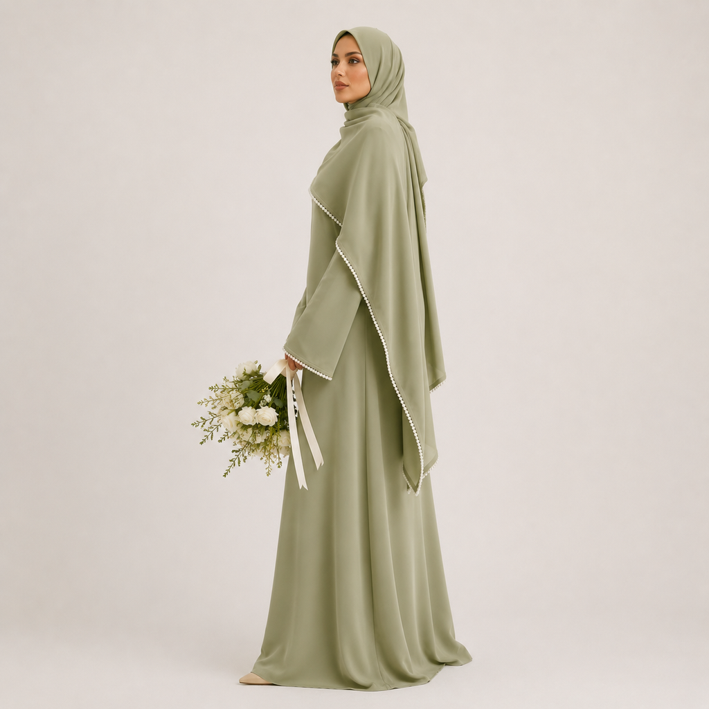 Woman in a green abaya holding flowers against a white background