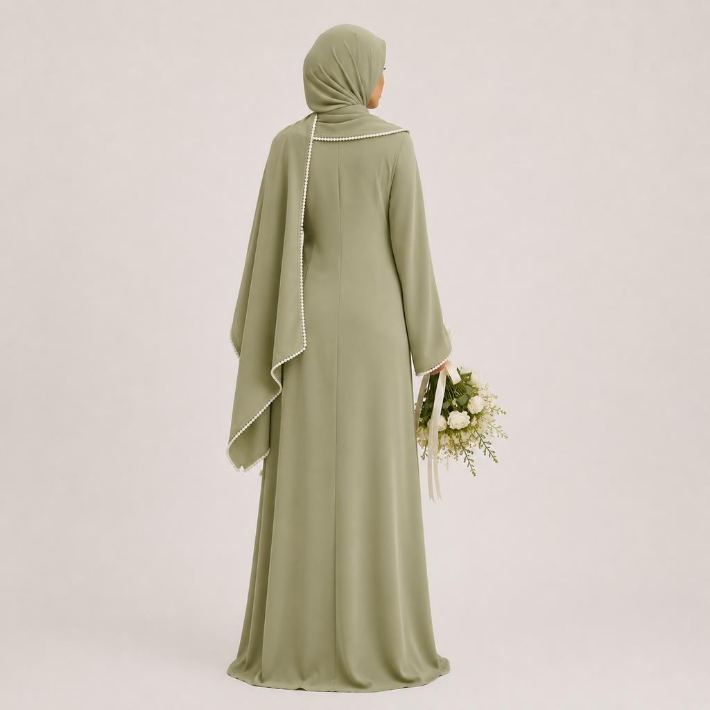 Woman in a long green dress with a hijab holding flowers on a plain background
