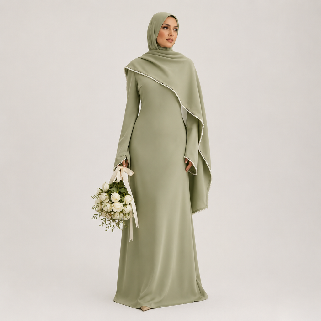 Woman wearing a green abaya holding flowers on a white background