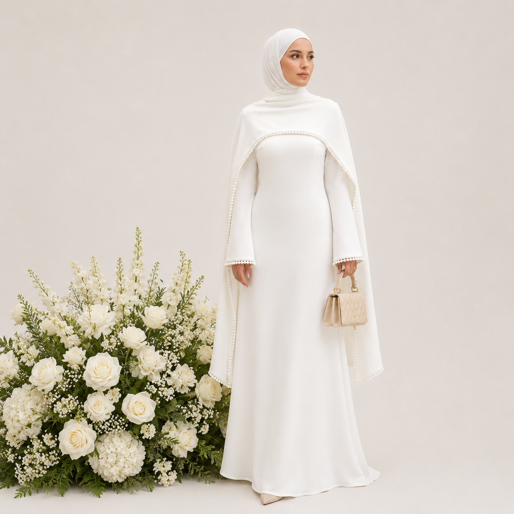 Woman in a white abaya standing next to a large arrangement of white flowers on a light background