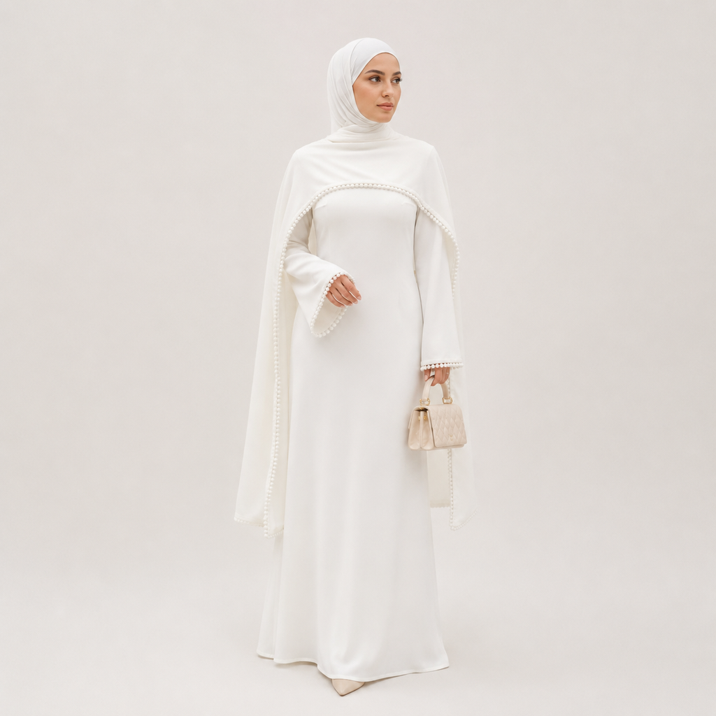 Woman wearing a white abaya with a matching hijab on a light gray background