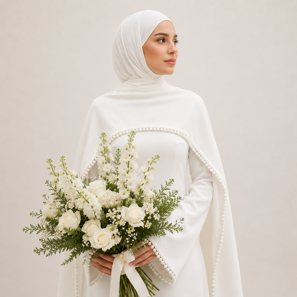 Woman in a white hijab holding a bouquet of white flowers against a plain background