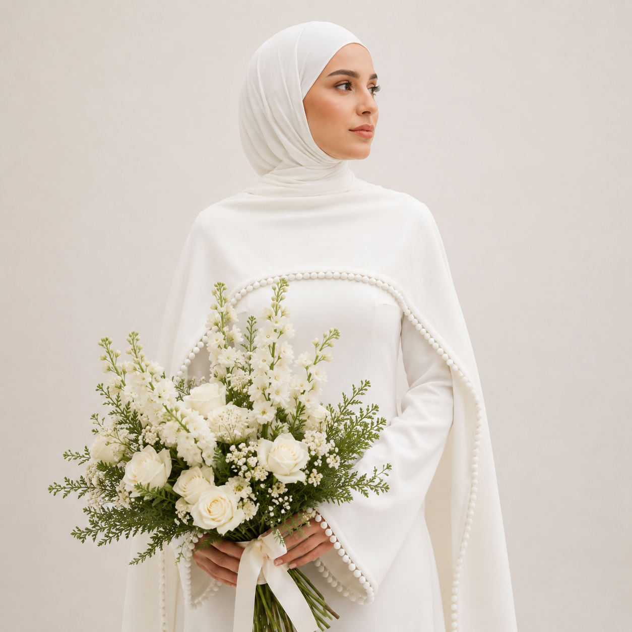 Woman in a white hijab holding a bouquet of white flowers against a plain background