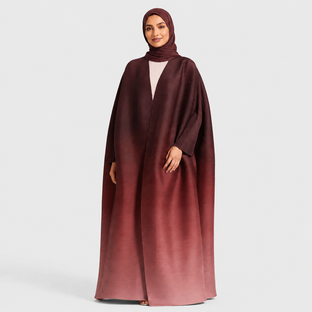 Woman wearing a brown hijab and matching shawl on a white background