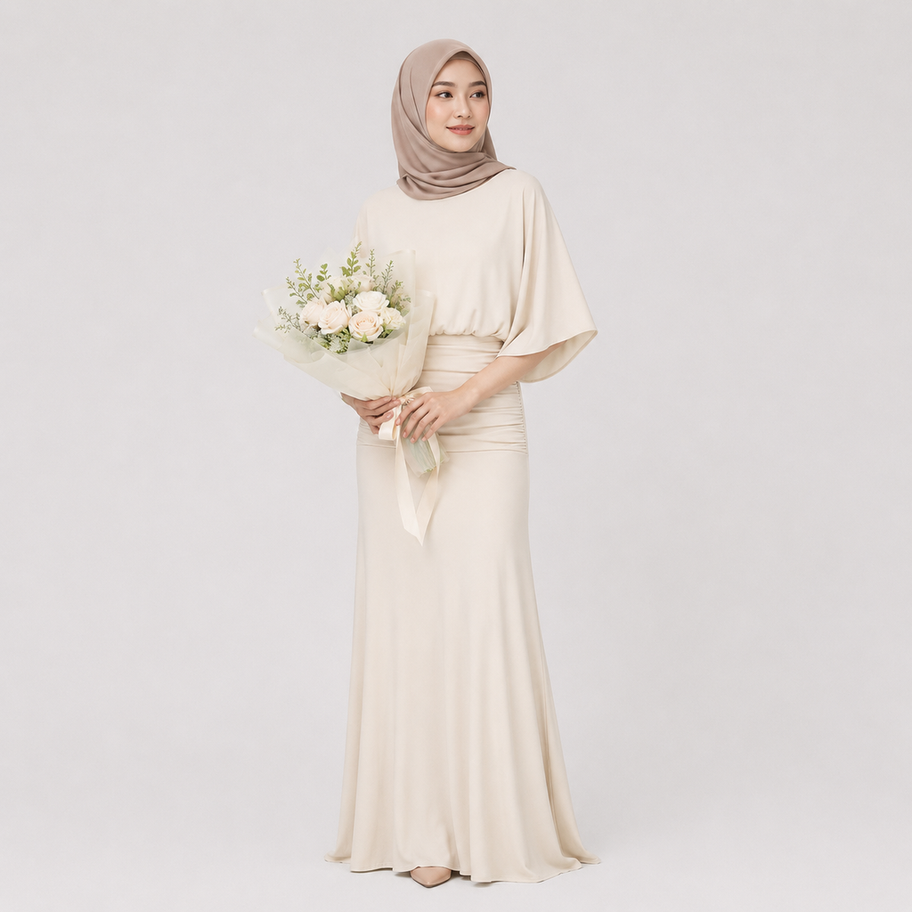 Woman in a long beige dress holding flowers against a plain background
