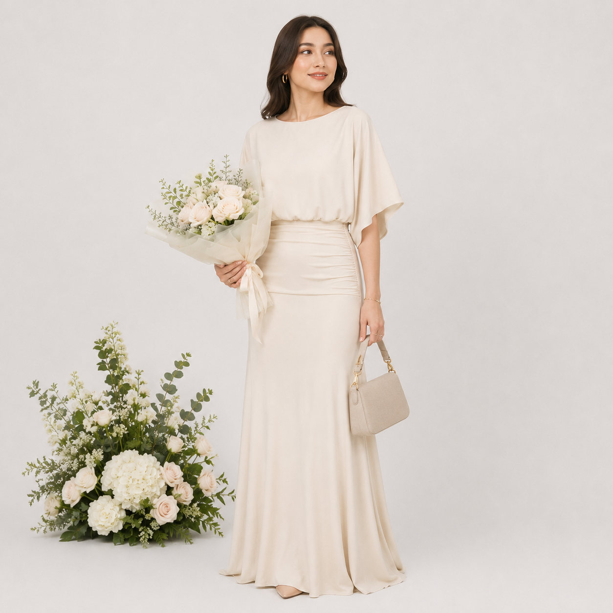 Woman in a long, light-colored dress holding flowers and a handbag on a plain background