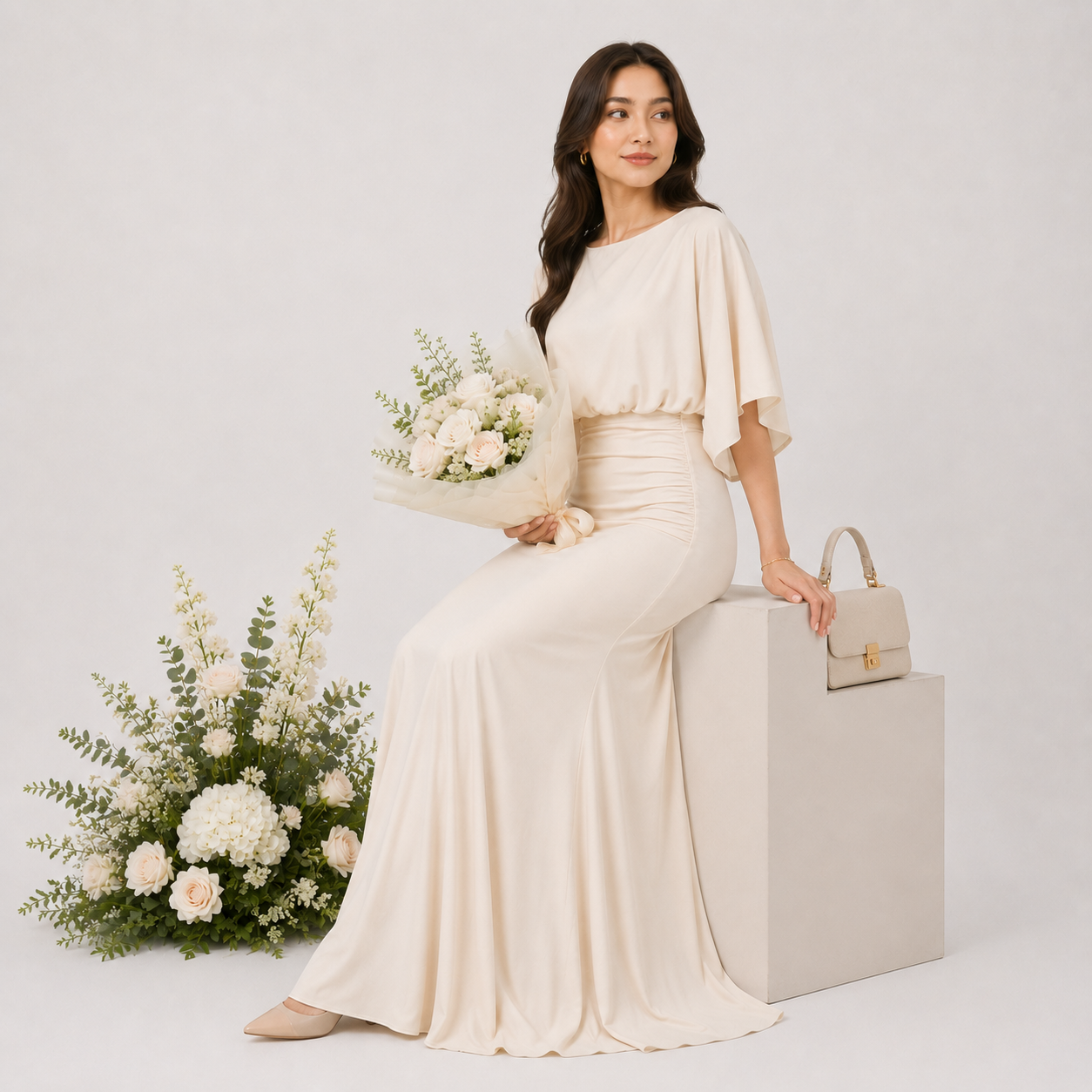 Woman in a long, light-colored dress holding flowers and a handbag on a white background