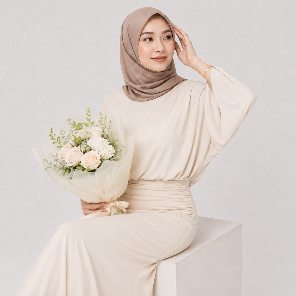 Woman in a beige outfit holding a bouquet of flowers against a light gray background